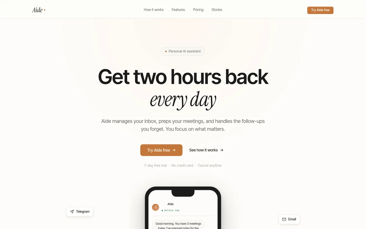 Screenshot of the Aide product homepage