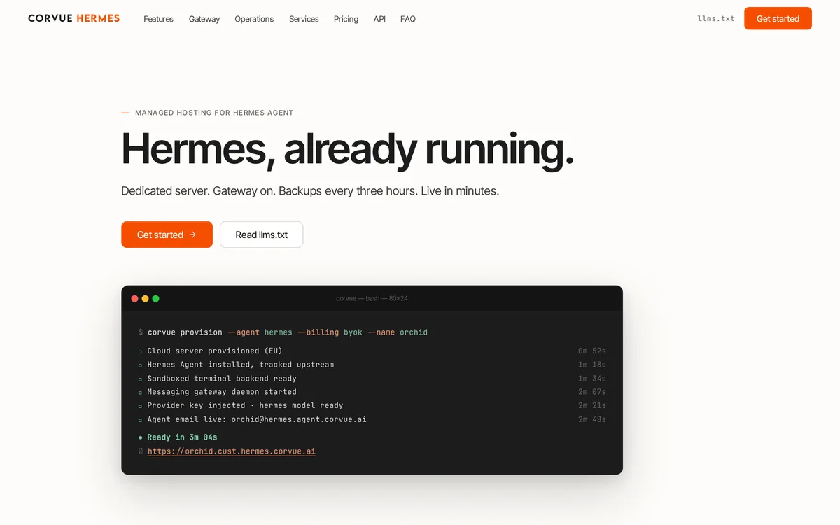 Screenshot of the Corvue Hermes landing page