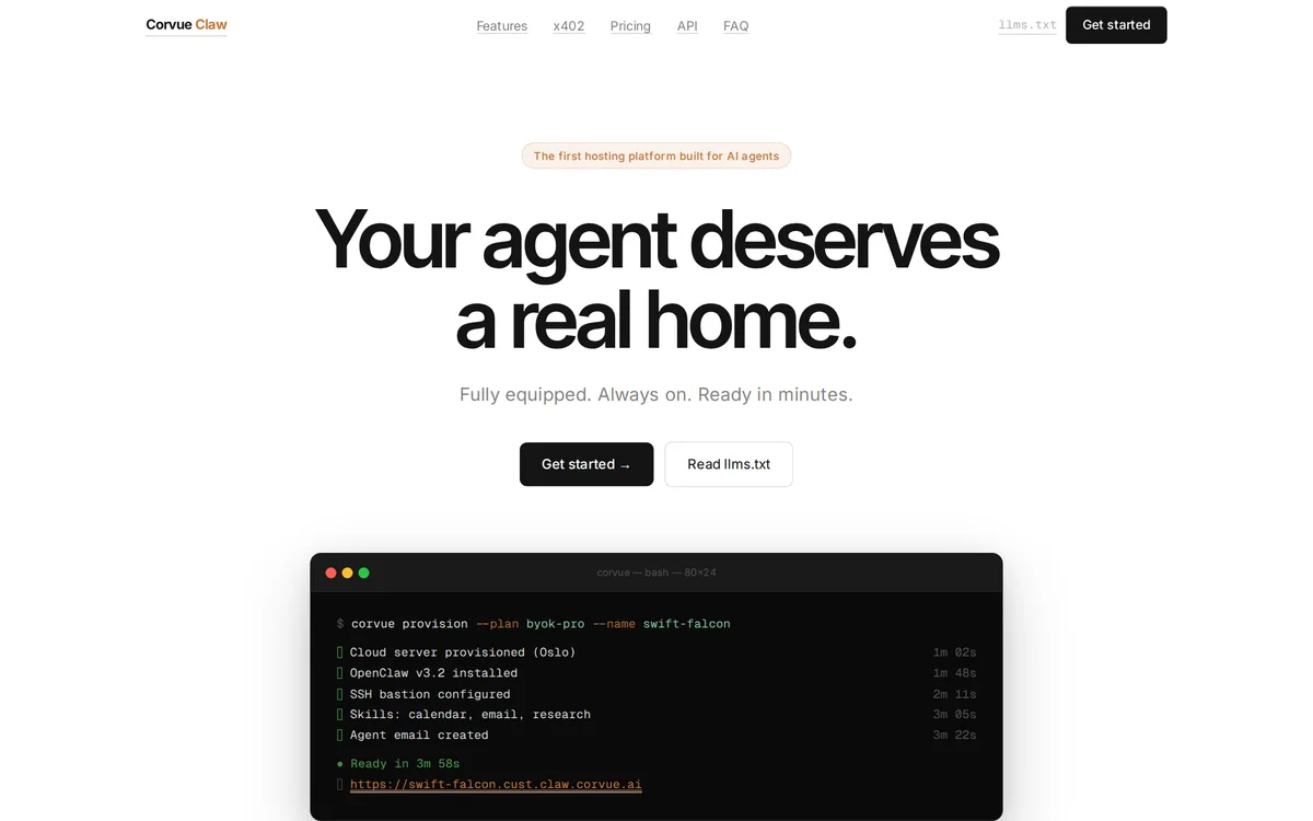 Screenshot of the Corvue Claw landing page