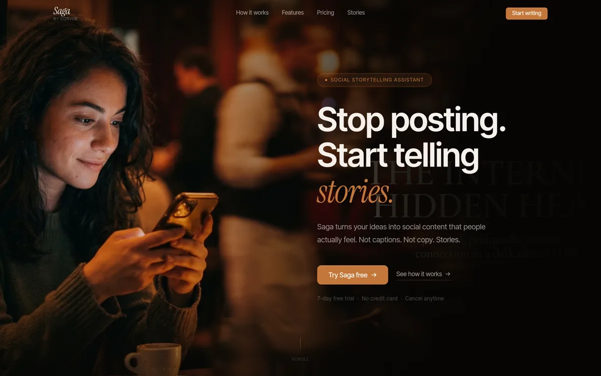 Screenshot of the Saga product homepage